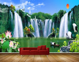 Avikalp MWZ2649 Sun Waterfalls Lotus Flowers Trees Cranes Plants Boat River Lake waters Stones HD Wallpaper