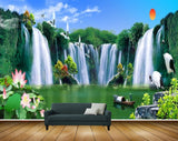 Avikalp MWZ2649 Sun Waterfalls Lotus Flowers Trees Cranes Plants Boat River Lake waters Stones HD Wallpaper