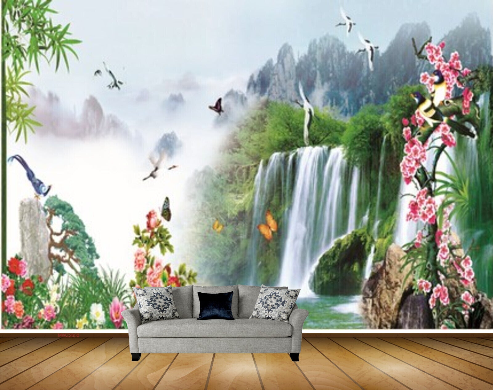 Avikalp MWZ2650 Waterfalls Pink Red Flowers Trees Birds River Lake Stones Water Plants HD Wallpaper