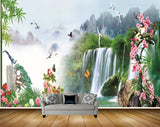 Avikalp MWZ2650 Waterfalls Pink Red Flowers Trees Birds River Lake Stones Water Plants HD Wallpaper