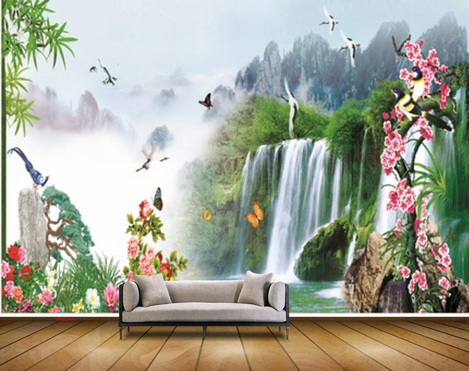 Avikalp MWZ2650 Waterfalls Pink Red Flowers Trees Birds River Lake Stones Water Plants HD Wallpaper