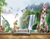 Avikalp MWZ2650 Waterfalls Pink Red Flowers Trees Birds River Lake Stones Water Plants HD Wallpaper