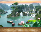 Avikalp MWZ2653 Waterfalls Trees Boats Lotus Flowers Mountains Plants River Water Ducks HD Wallpaper