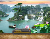 Avikalp MWZ2653 Waterfalls Trees Boats Lotus Flowers Mountains Plants River Water Ducks HD Wallpaper