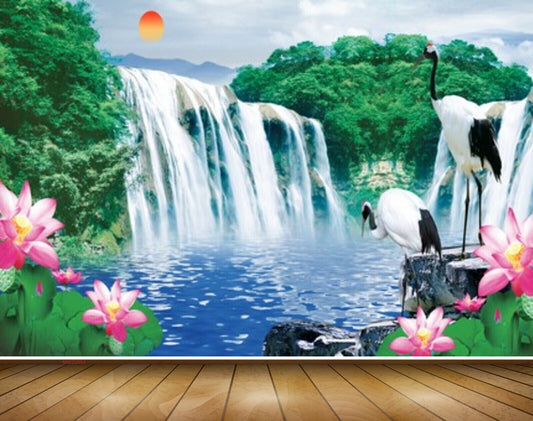 Avikalp MWZ2654 Waterfalls Lotus Flowers Cranes Plants Stones Sun Clouds River Lake Water HD Wallpaper