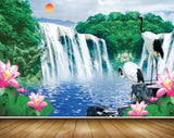 Avikalp MWZ2654 Waterfalls Lotus Flowers Cranes Plants Stones Sun Clouds River Lake Water HD Wallpaper