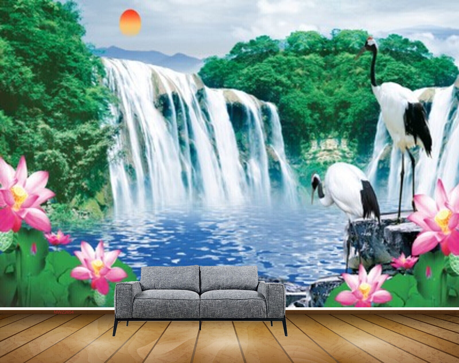 Avikalp MWZ2654 Waterfalls Lotus Flowers Cranes Plants Stones Sun Clouds River Lake Water HD Wallpaper
