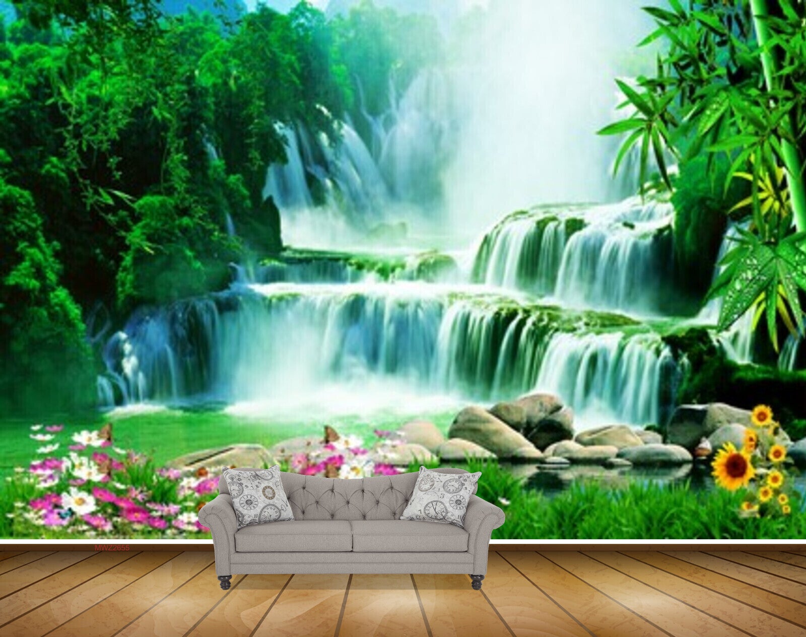 Avikalp MWZ2655 Waterfalls Pink Yellow Flowers Trees Plamts Grass River Lake Water HD Wallpaper