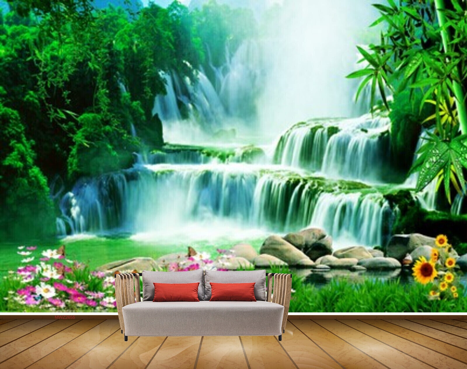 Avikalp MWZ2655 Waterfalls Pink Yellow Flowers Trees Plamts Grass River Lake Water HD Wallpaper