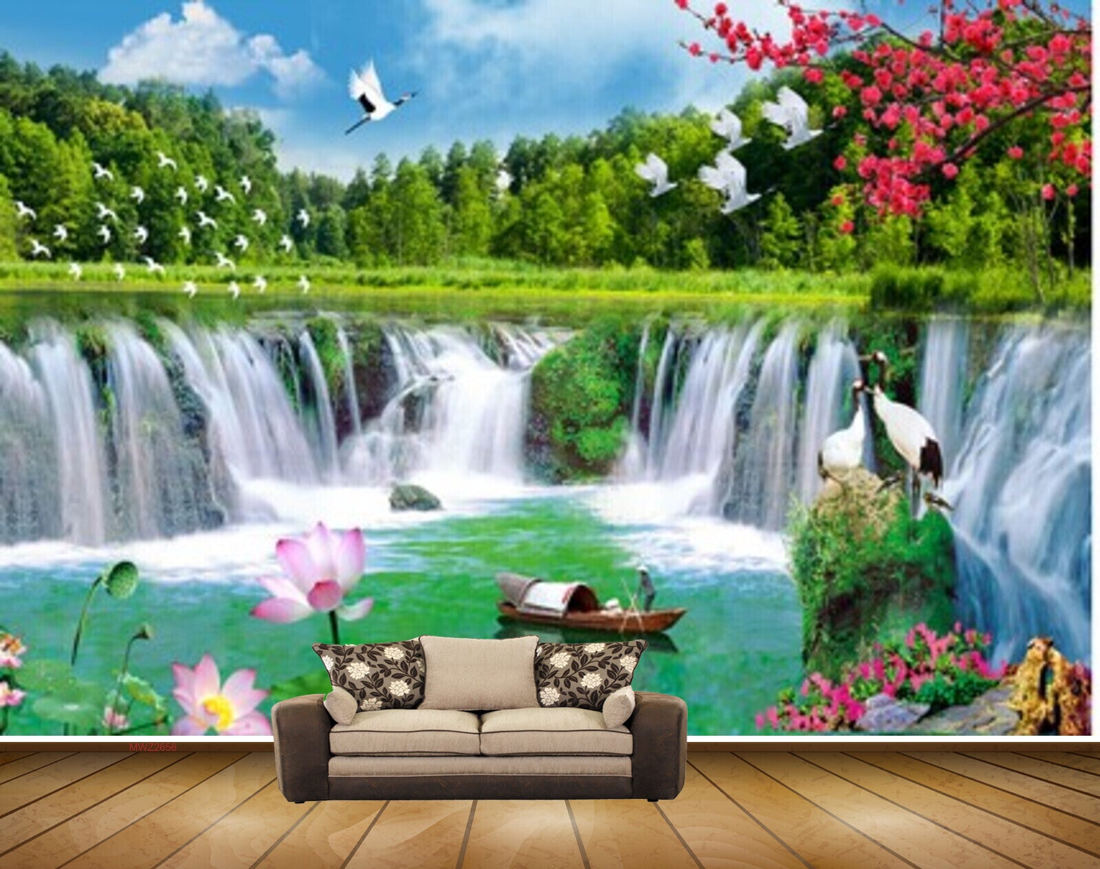 Avikalp MWZ2656 Waterfalls Pink Lotus Flowers River Lake Water Boat Trees Birds Cranes  HD Wallpaper