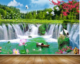 Avikalp MWZ2656 Waterfalls Pink Lotus Flowers River Lake Water Boat Trees Birds Cranes  HD Wallpaper