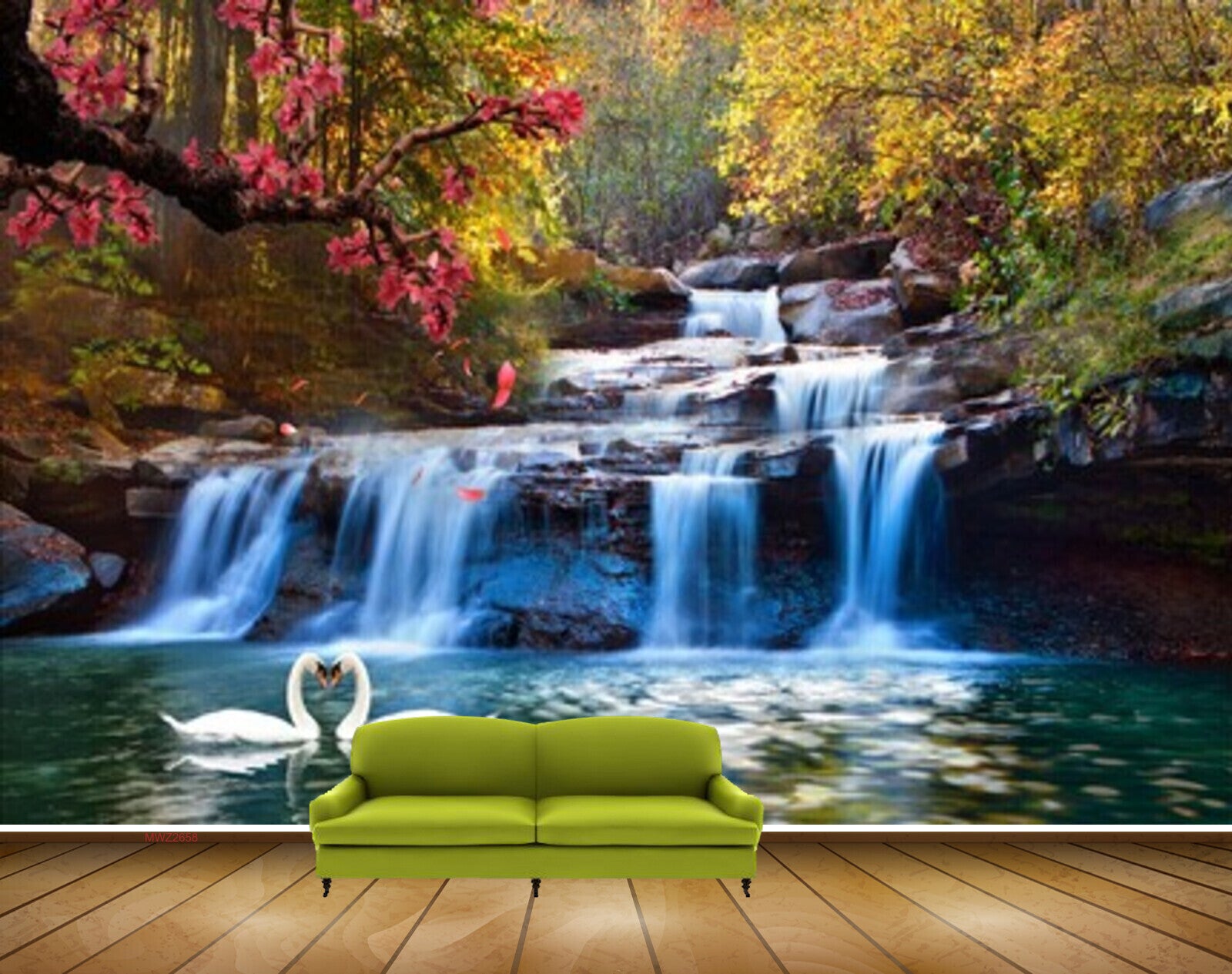 Avikalp MWZ2658 Waterfalls Trees Swans River Pond Water Forest HD Wallpaper