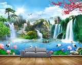 Avikalp MWZ2661 Sun Clouds Mountains Waterfalls Trees Cranes Lotus Flowers River Lake Water Fishes Ducks Plants HD Wallpaper
