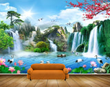Avikalp MWZ2661 Sun Clouds Mountains Waterfalls Trees Cranes Lotus Flowers River Lake Water Fishes Ducks Plants HD Wallpaper