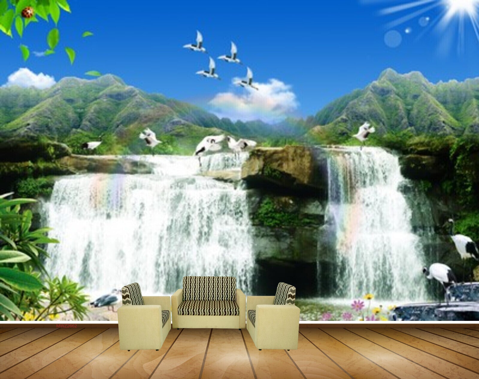 Avikalp MWZ2662 Waterfalls Sun Birds Cranes Mountains Stones Flowers River Lake Water Leaves HD Wallpaper