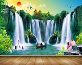 Avikalp MWZ2663 Waterfalls Sun Cranes Lotus Flowers Boat Trees Plants Stones River Water HD Wallpaper