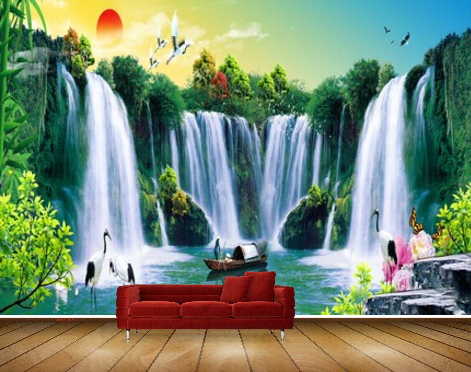 Avikalp MWZ2663 Waterfalls Sun Cranes Lotus Flowers Boat Trees Plants Stones River Water HD Wallpaper