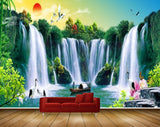 Avikalp MWZ2663 Waterfalls Sun Cranes Lotus Flowers Boat Trees Plants Stones River Water HD Wallpaper