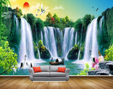 Avikalp MWZ2663 Waterfalls Sun Cranes Lotus Flowers Boat Trees Plants Stones River Water HD Wallpaper