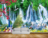Avikalp MWZ2664 Waterfalls Trees Pink Flowers Peacock Birds Carnes Branches Plants River Pond Water HD Wallpaper