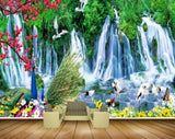 Avikalp MWZ2664 Waterfalls Trees Pink Flowers Peacock Birds Carnes Branches Plants River Pond Water HD Wallpaper