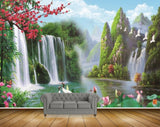 Avikalp MWZ2665 Waterfalls Trees Pink Flowers Cranes Plants Mountains Birds River Lake Water HD Wallpaper