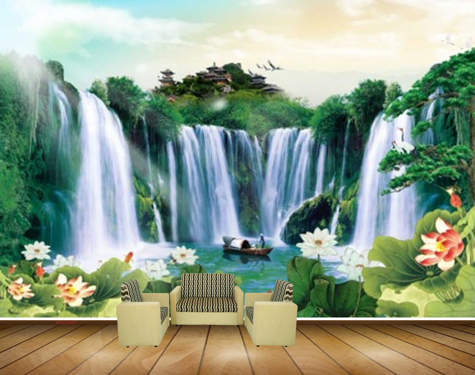 Avikalp MWZ2669 Waterfalls Pink White Flowers Boat Plants House River Lake Water HD Wallpaper