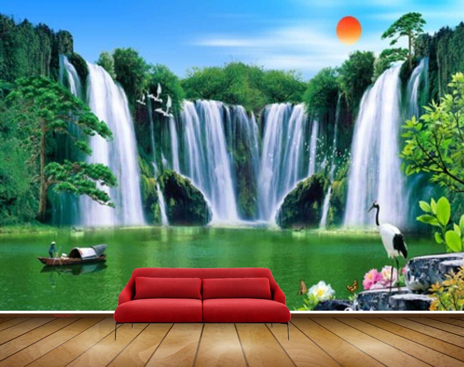 Avikalp MWZ2671 Sun Waterfalls Trees Boat Cranes Plants Leaves River Lake Water HD Wallpaper