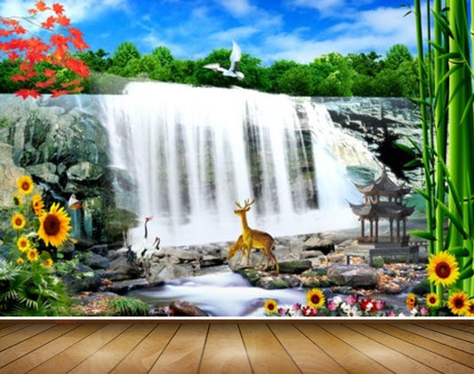 Avikalp MWZ2672 Waterfalls Flowers Sunflowers Deers Stones Water RIver Lake Pond Cranes HD Wallpaper