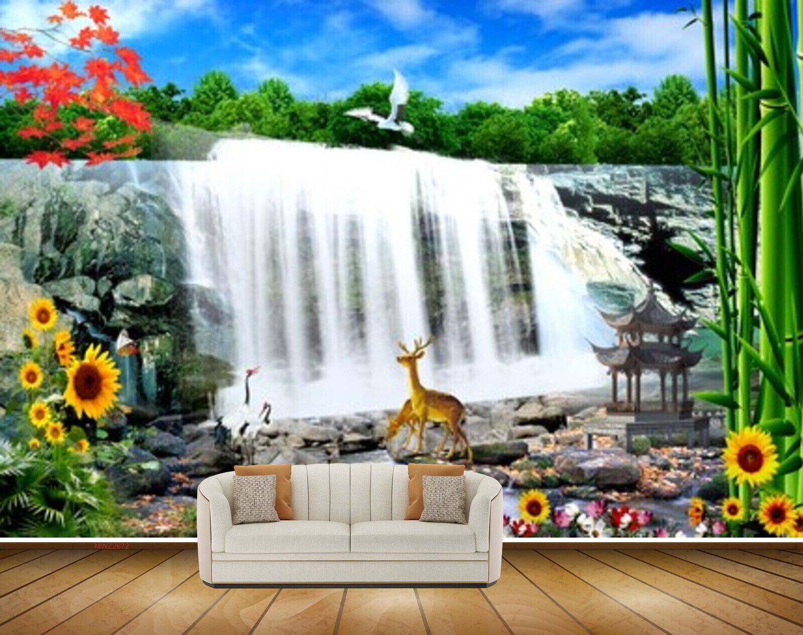 Avikalp MWZ2672 Waterfalls Flowers Sunflowers Deers Stones Water RIver Lake Pond Cranes HD Wallpaper