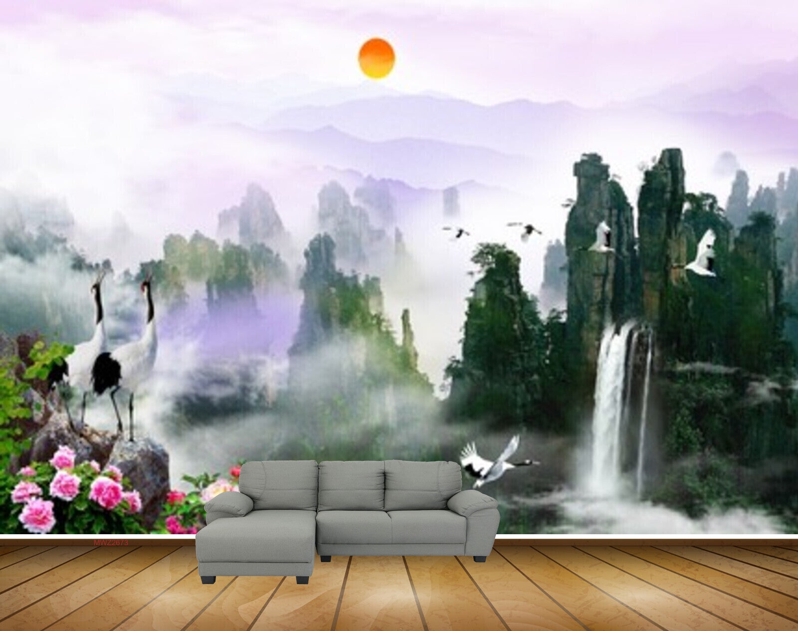 Avikalp MWZ2673 Sun Waterfalls Cranes Flowers Trees Stones Mountains Clouds HD Wallpaper