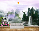 Avikalp MWZ2673 Sun Waterfalls Cranes Flowers Trees Stones Mountains Clouds HD Wallpaper
