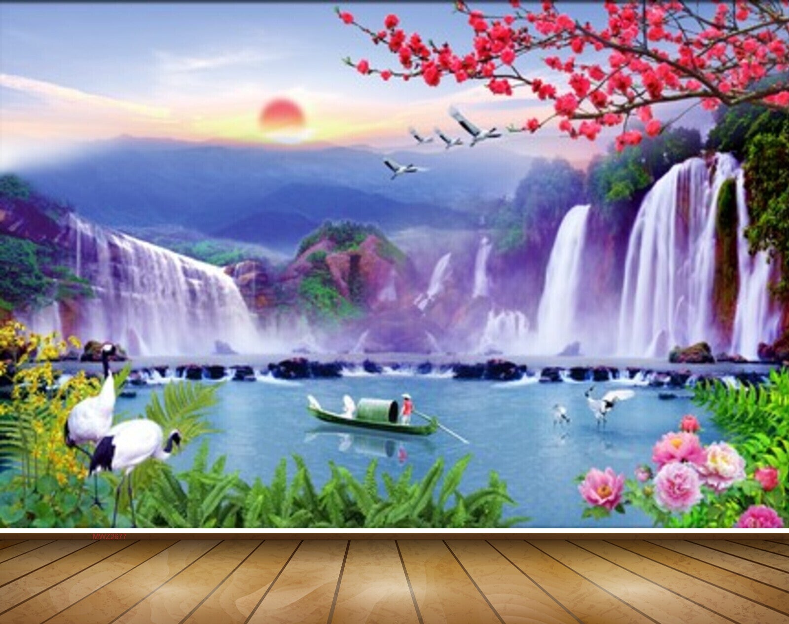 Avikalp MWZ2677 Sun Waterfalls Pink Flowers Cranes Mountains Pink Leaves Trees Plants Boat River Pond Water HD Wallpaper