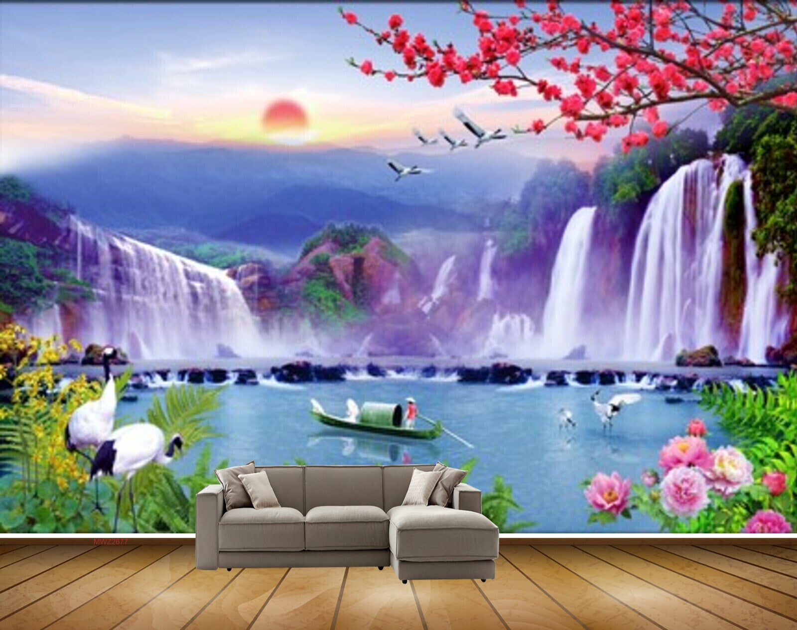 Avikalp MWZ2677 Sun Waterfalls Pink Flowers Cranes Mountains Pink Leaves Trees Plants Boat River Pond Water HD Wallpaper