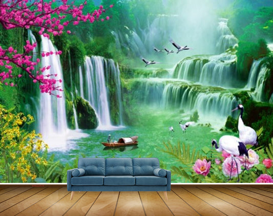 Avikalp MWZ2678 Waterfalls Flowers Birds Pink Yellow Leaves Trees Boat Plants Cranes River Lake Pond Water HD Wallpaper