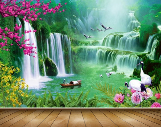 Avikalp MWZ2678 Waterfalls Flowers Birds Pink Yellow Leaves Trees Boat Plants Cranes River Lake Pond Water HD Wallpaper