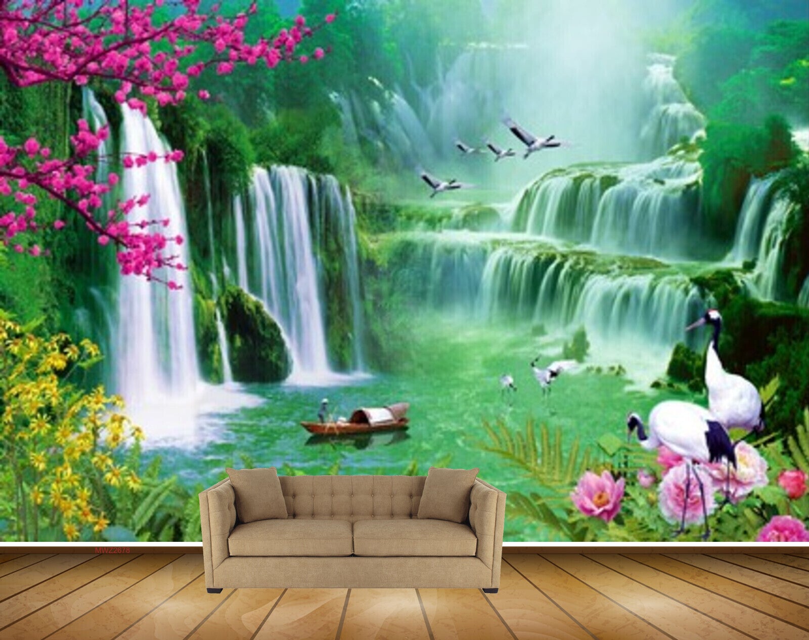 Avikalp MWZ2678 Waterfalls Flowers Birds Pink Yellow Leaves Trees Boat Plants Cranes River Lake Pond Water HD Wallpaper