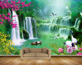 Avikalp MWZ2678 Waterfalls Flowers Birds Pink Yellow Leaves Trees Boat Plants Cranes River Lake Pond Water HD Wallpaper