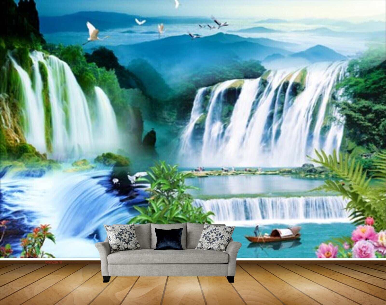 Avikalp MWZ2679 Waterfalls Birds Pink Flowers Boat Plants Mountains Clouds River Lake Pond Water HD Wallpaper