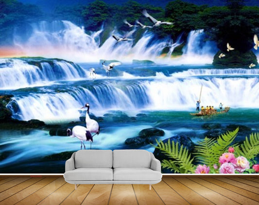 Avikalp MWZ2680 Waterfalls Cranes Rose Flowers Plants Birds Boat Mens River Lake Pond Water Stones HD Wallpaper