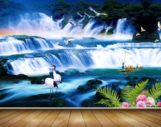 Avikalp MWZ2680 Waterfalls Cranes Rose Flowers Plants Birds Boat Mens River Lake Pond Water Stones HD Wallpaper