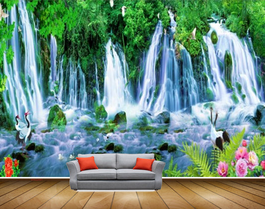 Avikalp MWZ2681 Waterfalls Pink Flowers Cranes Duck Birds Trees Plants Stones River Lake Pond Water HD Wallpaper