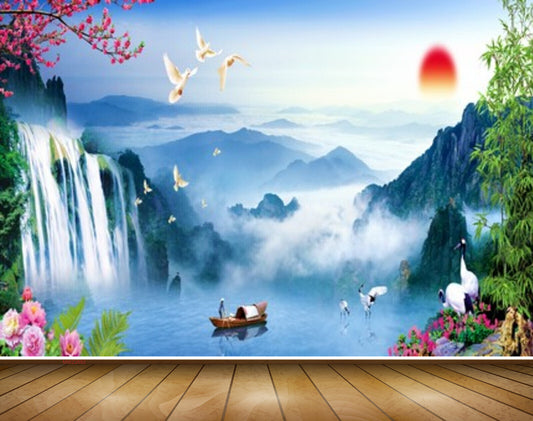 Avikalp MWZ2682 Sun Mountains Clouds Waterfalls Boat Pink Flowers Birds Plants Trees Cranes River Lake Water HD Wallpaper