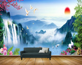 Avikalp MWZ2682 Sun Mountains Clouds Waterfalls Boat Pink Flowers Birds Plants Trees Cranes River Lake Water HD Wallpaper