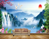 Avikalp MWZ2682 Sun Mountains Clouds Waterfalls Boat Pink Flowers Birds Plants Trees Cranes River Lake Water HD Wallpaper