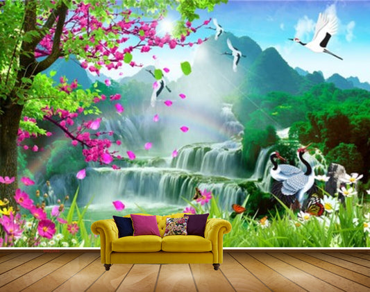 Avikalp MWZ2683 Sun Mountains Pink Green Leaves Trees Waterfalls Cranes Flowers Plants River Lake Water HD Wallpaper