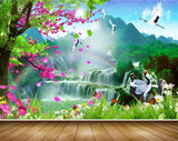 Avikalp MWZ2683 Sun Mountains Pink Green Leaves Trees Waterfalls Cranes Flowers Plants River Lake Water HD Wallpaper