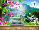 Avikalp MWZ2683 Sun Mountains Pink Green Leaves Trees Waterfalls Cranes Flowers Plants River Lake Water HD Wallpaper