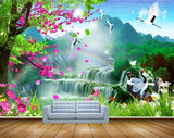 Avikalp MWZ2683 Sun Mountains Pink Green Leaves Trees Waterfalls Cranes Flowers Plants River Lake Water HD Wallpaper