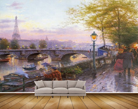 Avikalp MWZ2684 City Tower Trees River Boat Bridge Lamps Sky Men Dog Cat Painting HD Wallpaper